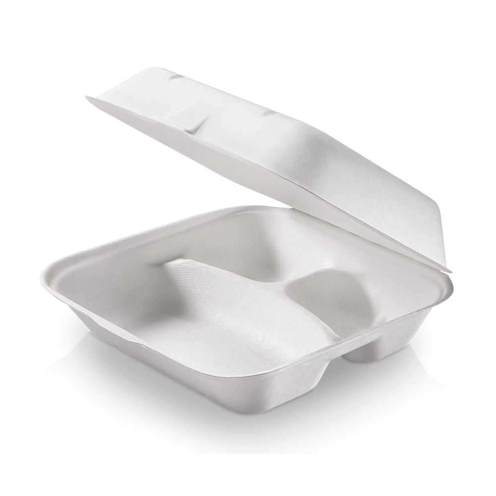 Bagasse-Menübox mit Klappdeckel, 3-geteilt, 23,5 × 19,5 × 7,5 cm – Original-IFF