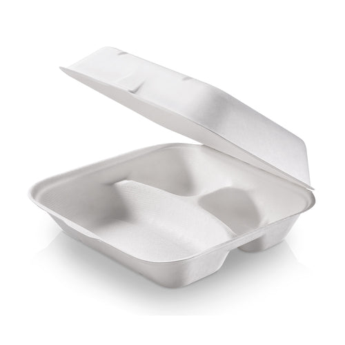 Bagasse-Menübox mit Klappdeckel, 3-geteilt, 23,5 × 19,5 × 7,5 cm – Original-IFF