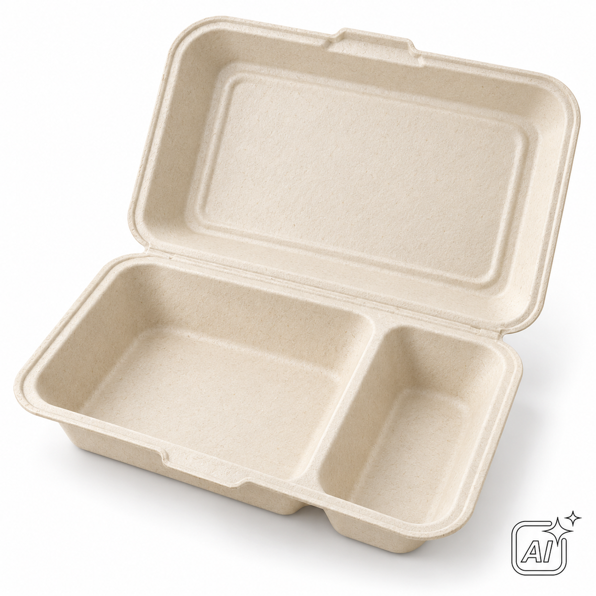 Bagasse-Menübox mit Klappdeckel, 2-geteilt, 244 × 208 × 70 mm