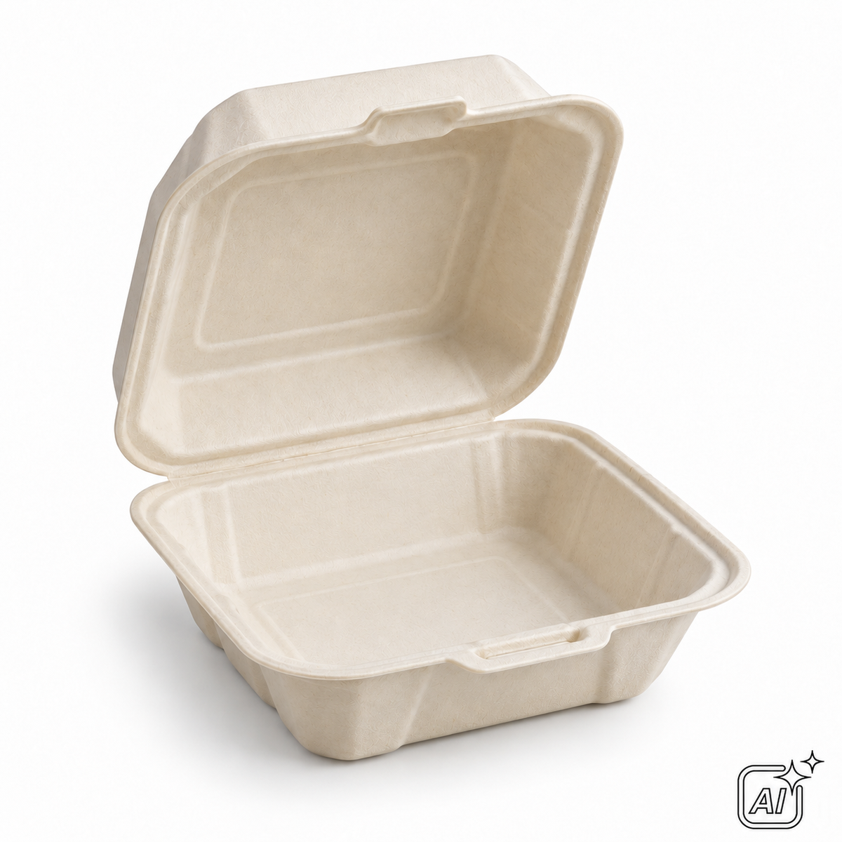 Bagasse-Hamburgerbox mit Klappdeckel, 157 × 150 × 78 mm – KI-Darstellung