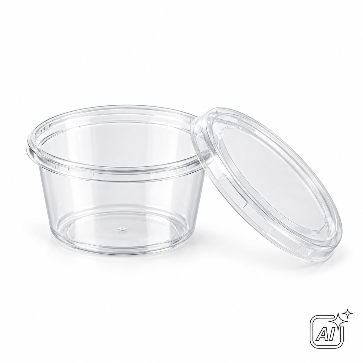Verpackungsbecher klar 100 ml rund mit Deckel – KI-Symbolbild, exemplarische Darstellung