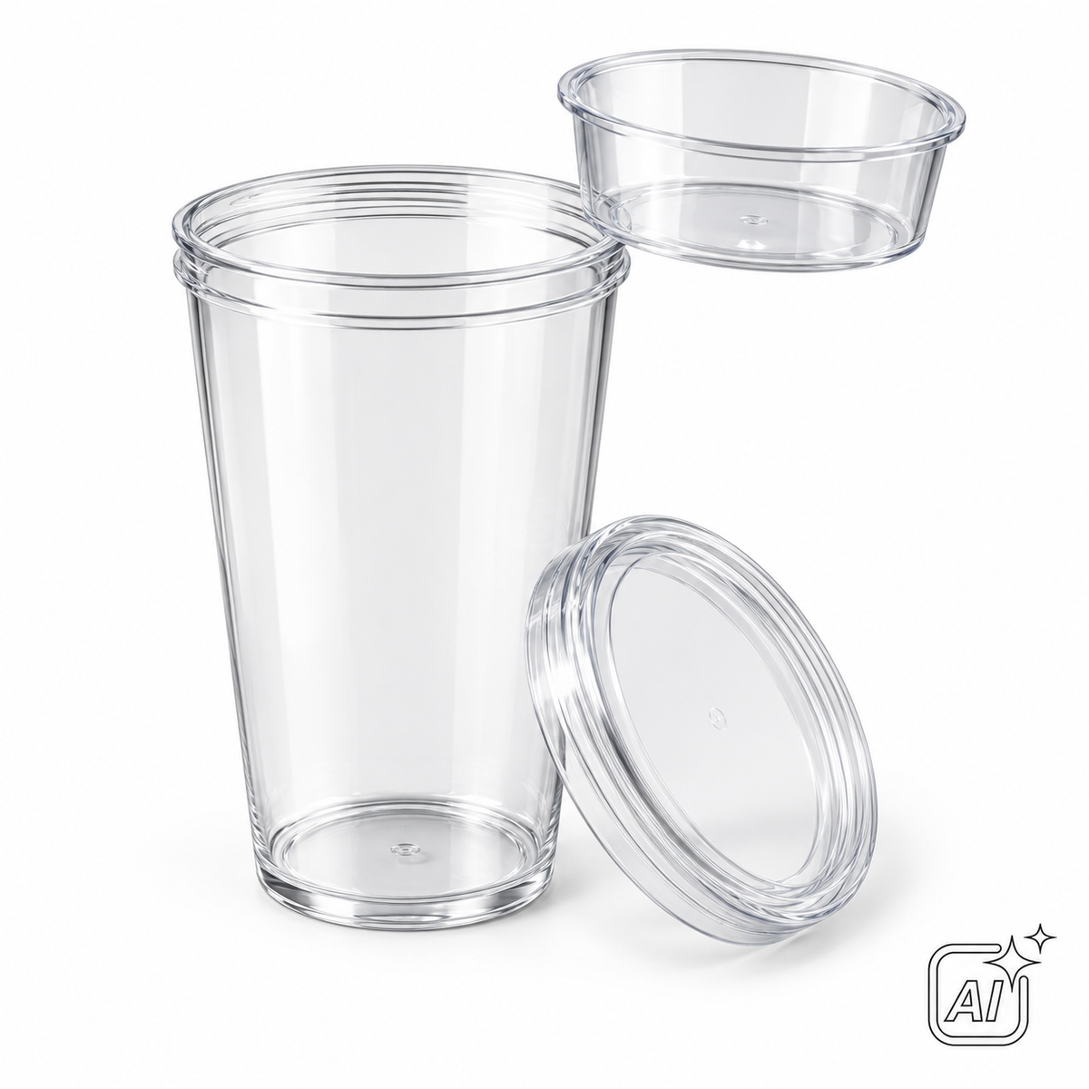 Mehrweg-Snackbecher ORGANIC transparent, 700 ml, mit Einsatz und Deckel – KI-Symbolbild, exemplarische Darstellung