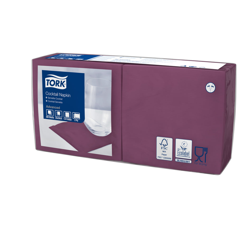 Tork Tissue-Servietten UNI violett 24x24 cm, 2-lagig, 1/4-Falz – Original-Tork-Packungsbild