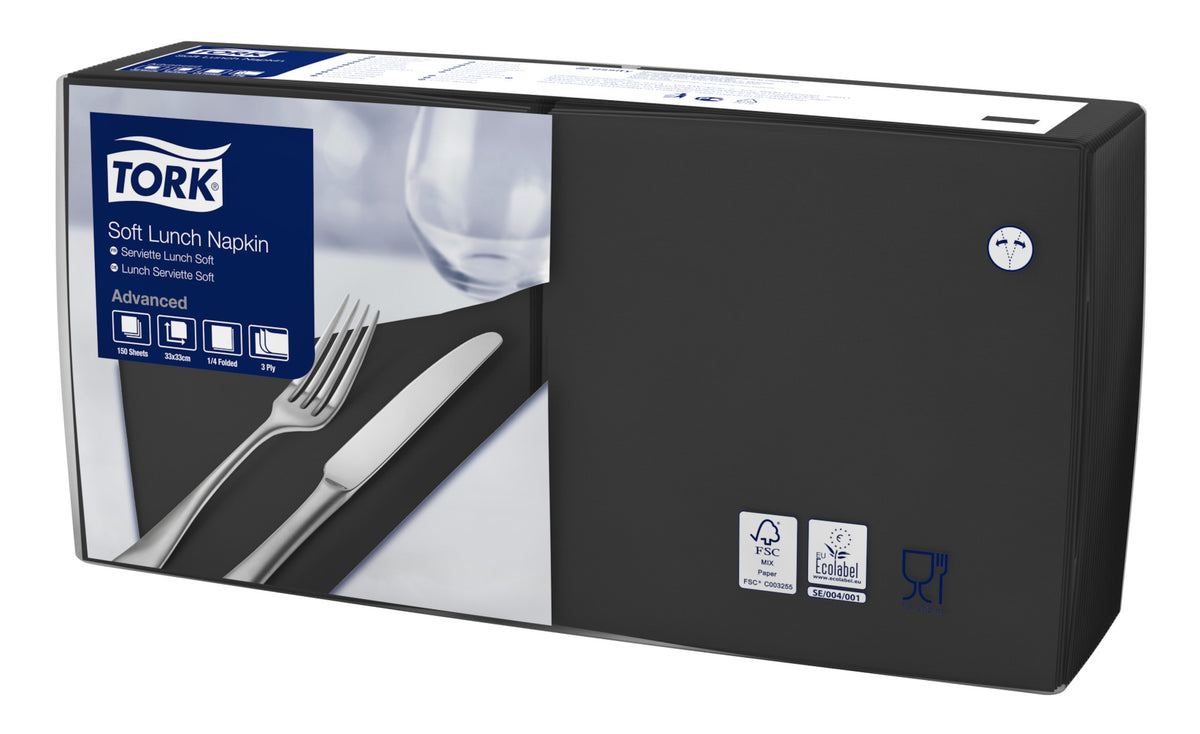 Tork Tissue-Servietten UNI schwarz 33x33 cm, 3-lagig, 1/4-Falz – Original-Tork-Packungsbild