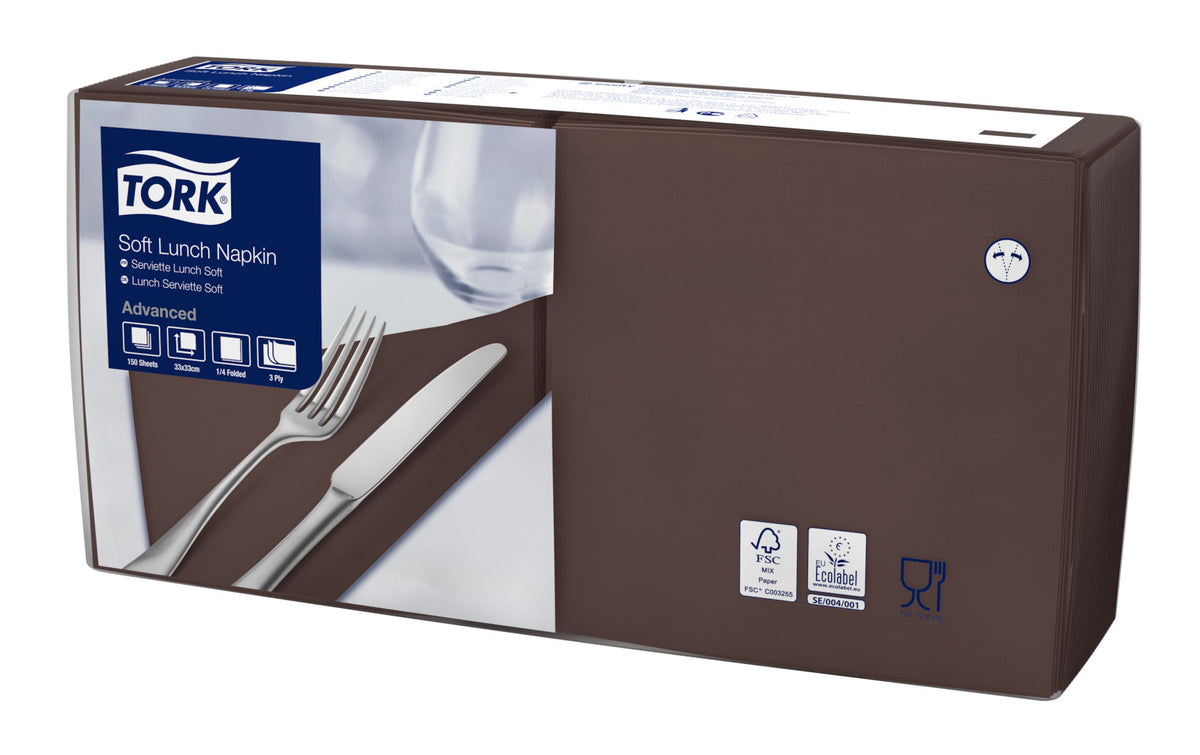 Tork Tissue-Servietten UNI braun 33x33 cm, 3-lagig, 1/4-Falz – Original-Tork-Packungsbild