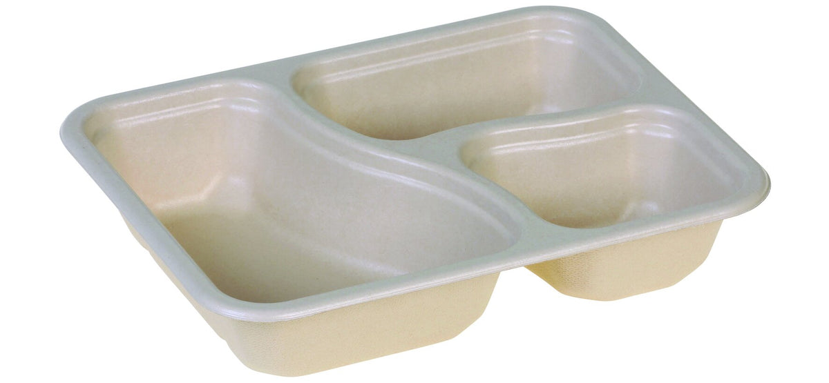Zuckerrohr Menü Tray 3-geteilt naturbraun Bio-laminiert rechteckig